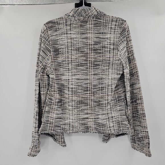 Max Studio Womens Black White Tweed Boucle Open Front Blazer Jacket Fringe M - Picture 2 of 8